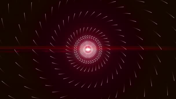 Bola de energia vermelha abstrata espalhando pequenos impulsos que voam em torno dele, loop sem costura. Animação. Círculos de segmentos voadores em torno do núcleo pulsante. — Vídeo de Stock