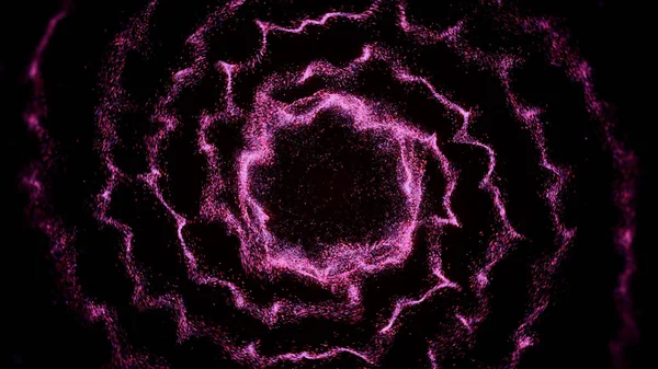 Glowing spiral moves on black background. Animation. Glowing particles twist into spiral and transform into sphere. Spiral of living particles forms into sphere