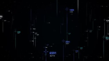 Siyah arkaplanda numaralar olan parlak çizgiler. Animasyon. Sanal uzayda sayısal değerlere sahip soyut yıldızlar veya kuyruklu yıldızlar. Değişen sayıları olan bir sürü renkli satır