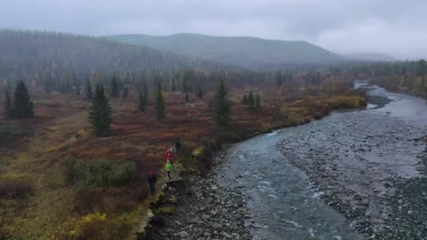 Los turistas caminan a lo largo de las orillas de un río frío en un día de otoño. Clip. Vista aérea del grupo de excursionistas explorando el parque nacional, rodeado de follaje amarillo y pinos verdes. — Vídeo de stock