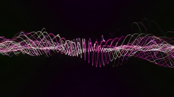 アブストラクト黒の背景に分離された美しい回転曲げピンクと白の線、シームレスなループ。アニメーション。回転波状スパイラル形状. — ストック動画