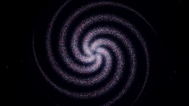 Poruszająca się spirala świecących cząstek. Animacja. Żywa spirala cząstek tworzących kulę w środku. Spirala przekształca się w sferę cząstek na czarnym tle — Wideo stockowe