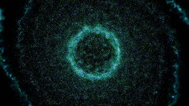Bir sürü parlak parçacık sarmalı. Animasyon. Spiral hareket eden parçacıklardan oluşan bir küreye dönüşür. Şekil değiştiren parçacıkların kozmik sarmalı