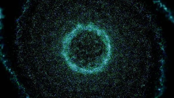 Spirale aus vielen leuchtenden Teilchen. Animation. Die Spirale verwandelt sich in eine Sphäre sich bewegender Teilchen. Kosmische Spirale aus formverändernden Teilchen — Stockfoto