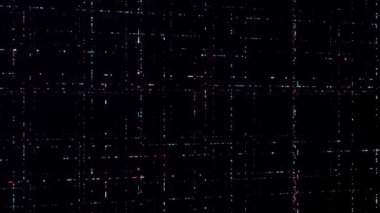 Parlayan noktalardan oluşan ağlar. Animasyon. Hareket noktalarından siber uzayda 3 boyutlu ağlar. Siyah arkaplan üzerinde hareketli akışları olan bilgisayar alanındaki ağlar