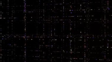 Parlayan noktalardan oluşan ağlar. Animasyon. Hareket noktalarından siber uzayda 3 boyutlu ağlar. Siyah arkaplan üzerinde hareketli akışları olan bilgisayar alanındaki ağlar