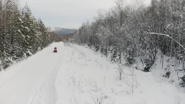 Masculino equitação snowmobile, movendo-se rápido em direção a câmera. Clipe. Vista aérea de uma floresta de pinheiros coberta de neve de inverno e estrada vazia. — Fotografia de Stock
