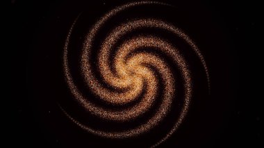 Soyut dönen hipnotik altın spiral siyah ekran boyunca yayılıyor. Animasyon. Parlayan bulutlarla çevrili küçük parçacıklardan parlayan halka.