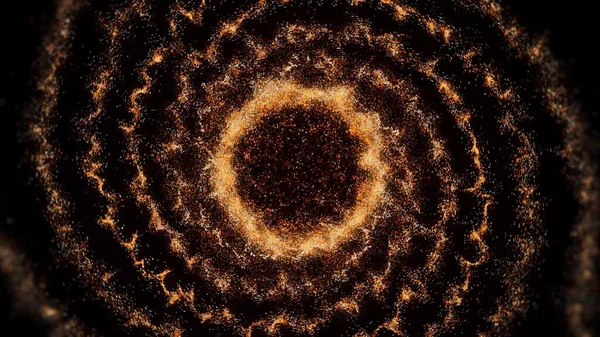 Espiral dorada hipnótica giratoria abstracta extendiéndose por toda una pantalla negra. Animación. Anillo resplandeciente de diminutas partículas rodeadas por una nube brillante. — Foto de Stock