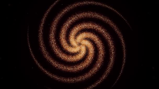 Soyut dönen hipnotik altın spiral siyah ekran boyunca yayılıyor. Animasyon. Parlayan bulutlarla çevrili küçük parçacıklardan parlayan halka. — Stok video