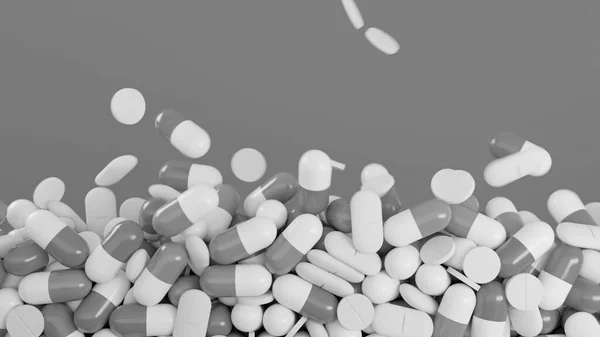O grămadă de pastile cade pe fundal izolat. Animaţie. Capsulele de droguri cad pe fundal izolat. Medicamente, capsule şi comprimate pentru tratament şi medicină — Fotografie, imagine de stoc