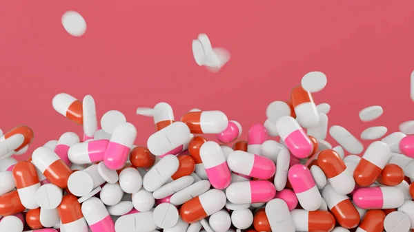 Colorful pills fall on isolated background. Animation. Colorful medicinal pills fall in pile on colored background. Medicines, pills, and treatment pills