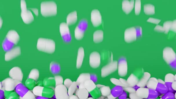 Pile of pills falls on isolated background. Animation. Drug capsules fall on isolated background. Medicines, capsules and tablets for treatment and medicine — Stock Video