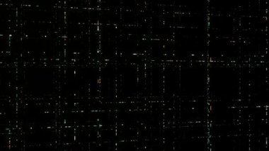 Siber uzayda bilgi iplikleri. Animasyon. Bilgisayar alanında ışık saçan parçacıklara sahip 3 boyutlu ağlar. Enerji parçacıkları siyah arkaplanda sibernetik ağlarda hareket eder