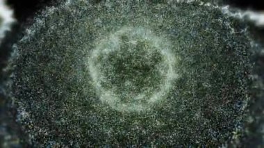 Yeşil ve beyaz parçacıklardan oluşan soyut bir bulut spiral şeklini alıyor ve küçülüyor. Animasyon. Dönen spiral şekil siyah arkaplanda kayboluyor.