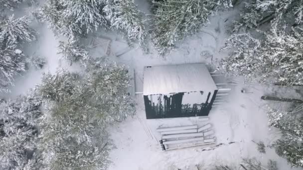 Flygfoto över ett litet hus med triangulärt tak nära snötäckta träd. Klipp. Ensamt skydd för extrema vandrare eller jägare. — Stockvideo