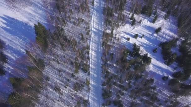 Flygfoto av blandskog och en vit väg. Klipp. Vinter ingen natur landskap med björk och tallar vid berget kullar, snöig dal på en frostig dag. — Stockvideo