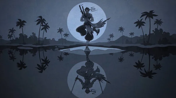 Abstrakte nächtlich animierte Szene mit einem Samurai mit Katanas auf einem Bein, der vor dem Kampf meditiert. Archivmaterial. Karikatur mit einem wütenden asiatischen Krieger, der am See vor vollen — Stockfoto