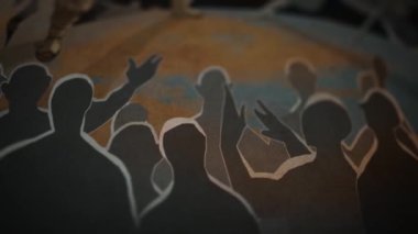 Bilgisayar, bir sürü insanla savaş alanı oluşturdu. Stok görüntüleri. Kadim kabilelerin savaş sahnesindeki insanların arka şematik görüntüsü.
