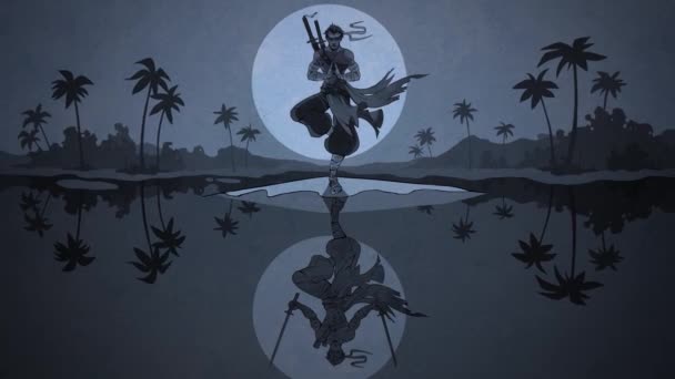 Scène animée abstraite de nuit avec un samouraï avec des katanas debout sur une jambe, méditant avant le combat. Images d'archives. Caricature avec un guerrier en colère asiatique debout au bord du lac en face de plein — Video