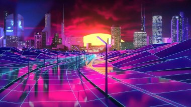 Modern bir şehrin geleceksel görüntüsü olan bir video oyununun canlandırılması. Stok görüntüleri. Yolun neon ışıkları, tepeler ve şehrin gökdelenleri.