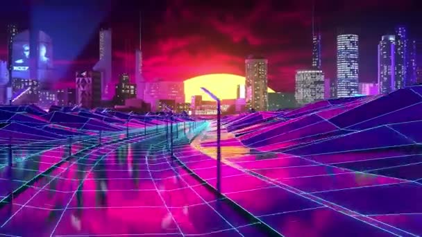 Visualización de un videojuego con visión futurista de una ciudad moderna. Imágenes de archivo. Luces de neón de la carretera, colinas y los rascacielos de la ciudad. — Vídeos de Stock