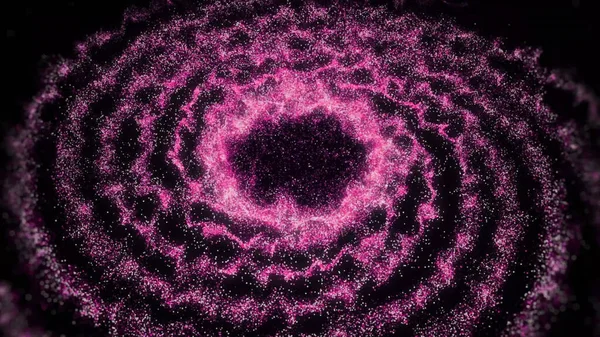 Pembe ve beyaz parçacıklardan oluşan soyut bir bulut spiral şeklini alıyor ve küçülüyor. Animasyon. Dönen spiral şekil siyah arkaplanda kayboluyor. — Stok fotoğraf