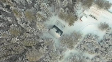 Karlı bir ormanın ortasında eski bir ahşap bina, yalnızlık kavramı. Şarjör. Karla kaplı ağaçlar ve beyaz zemin ile çevrili küçük bir evin havadan görünüşü.