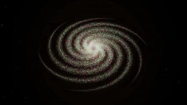 Sihirli parçacıklar dönüyor ve merkezinde bir halka olan bir enerji bulutuna dönüşüyor. Animasyon. Siyah arka planda uçuşan küçük parlak uzay tozu.