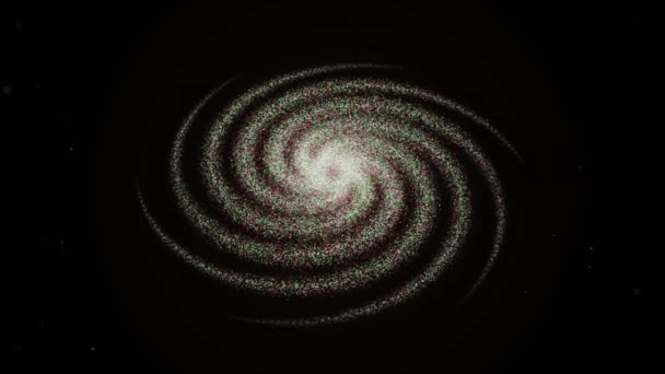 Волшебные частицы вращаются и становятся облаком энергии с кольцом в центре. Анимация. Светящаяся крошечная космическая пыль летит на черном фоне. — стоковое видео