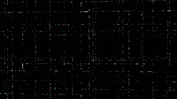 Fios de informação no ciberespaço. Animação. Redes 3D com partículas luminosas em movimento no espaço do computador. Partículas de energia se movem através de redes cibernéticas em fundo preto — Fotografia de Stock