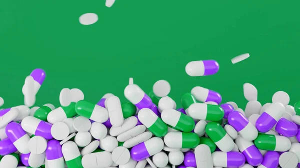 Pile of pills falls on isolated background. Animation. Drug capsules fall on isolated background. Medicines, capsules and tablets for treatment and medicine — Stock Photo, Image