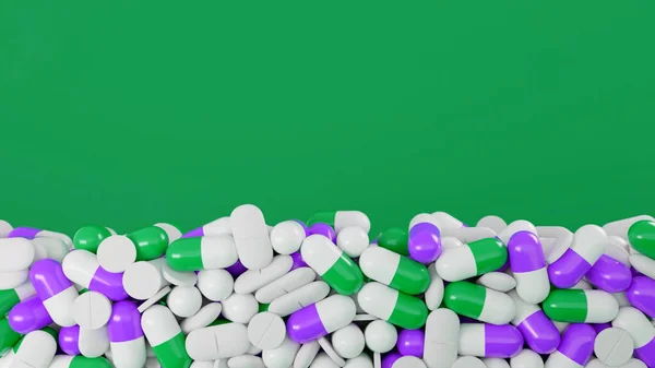 Pile of pills falls on isolated background. Animation. Drug capsules fall on isolated background. Medicines, capsules and tablets for treatment and medicine — Stock Photo, Image