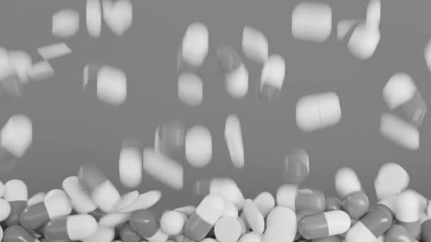 Pile de pilules tombe sur fond isolé. Animation. Capsules de drogue tombent sur fond isolé. Médicaments, gélules et comprimés pour le traitement et la médecine — Video