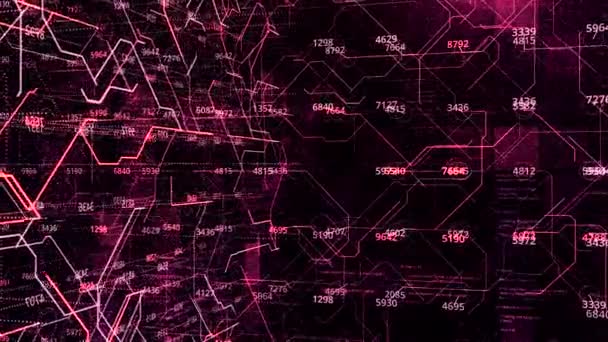 Sfondo futuristico di dati numerici e linee mobili. Animazione. Calcoli tridimensionali con valori numerici e connessioni da linee luminose — Video Stock