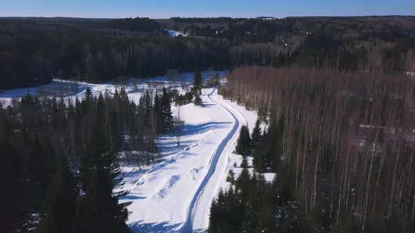 Luftaufnahme von Mischwald und einer weißen Straße. Clip. Winterlandschaft mit Birken und Kiefern auf den Hügeln, verschneites Tal an einem frostigen Tag. — Stockfoto