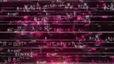 Matematiksel denklemlerden beyin fırtınası. Animasyon. Elektronik formda matematiksel denklemlerin ve sayıların patlaması. Siber uzayda neon matematik formülleri değişiyor