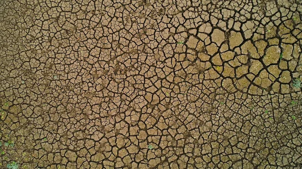 地球干旱表面的顶视图.开枪了用粘土土和稀疏的草干燥的地形。具有裂缝的干土的纹理表面 — 图库照片