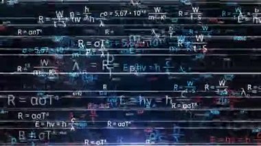 Matematiksel denklemlerden beyin fırtınası. Animasyon. Elektronik formda matematiksel denklemlerin ve sayıların patlaması. Siber uzayda neon matematik formülleri değişiyor