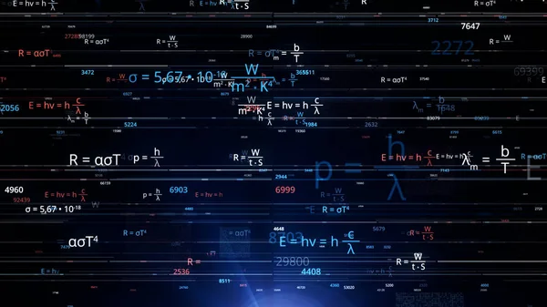 Burza mózgów z równań matematycznych. Animacja. Pęknięcie równań matematycznych i liczb w formie elektronicznej. Neonowe formuły matematyczne zmieniają się w cyberprzestrzeni. — Zdjęcie stockowe