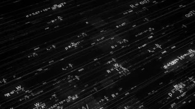 Siyah arkaplanda matematiksel denklemlerle çizgiler. Animasyon. Siber uzayda parlayan matematiksel formüller. Matematiksel formüller değişir ve elektronik uzayda çizgiler üzerinde hareket eder