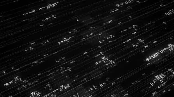 Linhas com equações matemáticas sobre fundo preto. Animação. Fórmulas matemáticas brilhantes no ciberespaço. Fórmulas matemáticas mudam e se movem em linhas no espaço eletrônico — Vídeo de Stock