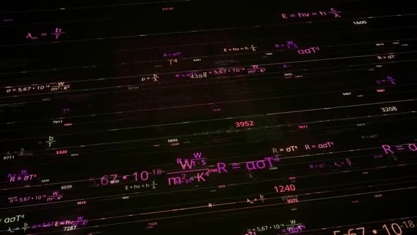 Colorful mathematical formulas. Animation. Software mathematical formulas in electronic space. Neon math formulas on dark background — Stockvideo