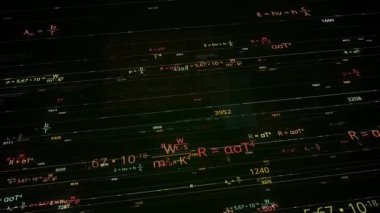 Renkli matematiksel formüller. Animasyon. Elektronik uzayda yazılım matematiksel formülleri. Koyu arkaplanda neon matematik formülleri