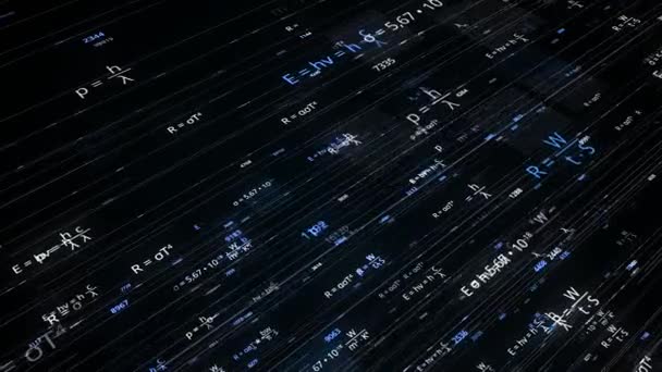 Lines with mathematical equations on black background. Animation. Glowing mathematical formulas in cyberspace. Mathematical formulas change and move on lines in electronic space — Stockvideo