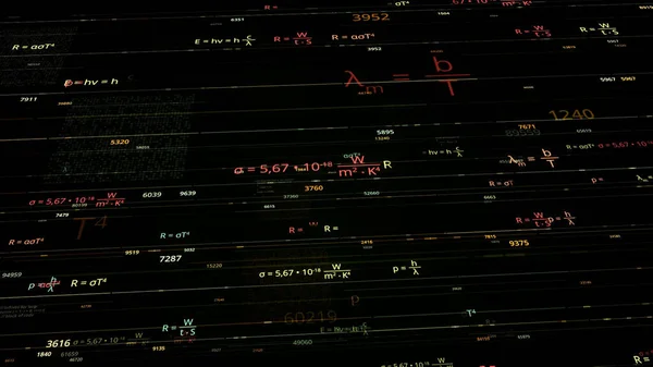 Coloridas fórmulas matemáticas. Animación. Software de fórmulas matemáticas en el espacio electrónico. Fórmulas matemáticas de neón sobre fondo oscuro — Foto de Stock