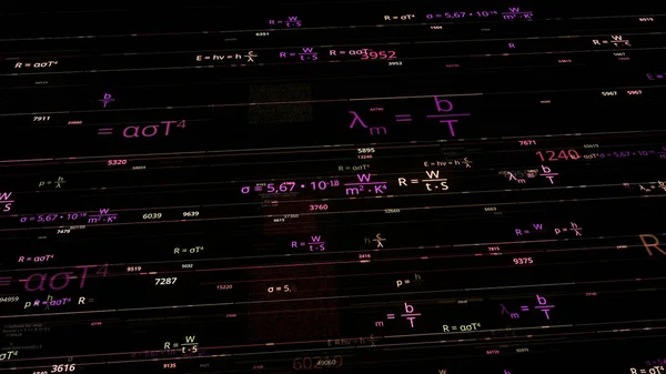 Colorful mathematical formulas. Animation. Software mathematical formulas in electronic space. Neon math formulas on dark background — Stock Photo, Image
