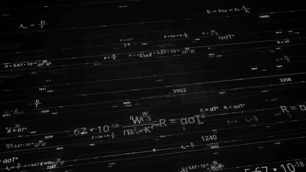 Líneas en blanco y negro con fórmulas matemáticas. Animación. Las fórmulas grises están escritas en espacio electrónico sobre fondo negro. Fórmulas matemáticas con líneas — Vídeos de Stock