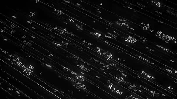 Linee in bianco e nero con formule matematiche. Animazione. Le formule grigie sono scritte nello spazio elettronico su sfondo nero. Formule matematiche con linee — Video Stock