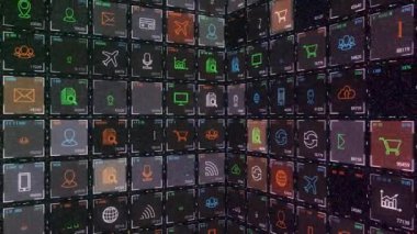 Günümüz internet gerçekliğinin soyut dijital simgeleri karanlık arka planda, kusursuz döngüde yanıp sönüyor. Animasyon. Wi-Fi, iletişim, iş ve aygıt sembolleri.
